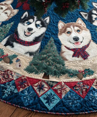 Frosty Husky Dreams Quilted Tree Skirt — Icy-Theme Holiday Decor With Plush Quilting, Ideal For Festive Dog-Lover Homes