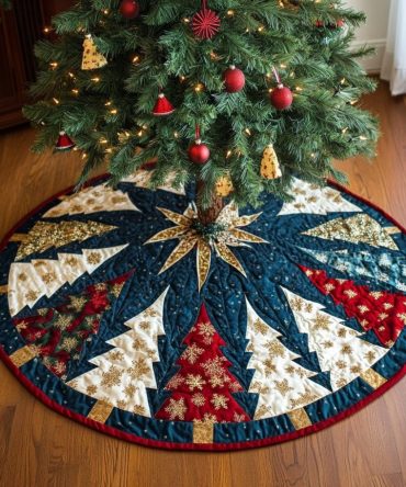 Frosty Jubilee Quilted Christmas Tree Skirt — Playful Snowmen & Glitter Accents, Warm Lining, Durable Stitching, Gift-Ready Packaging
