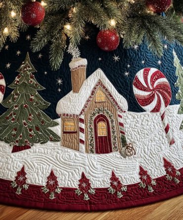 Frosty Path Quilted Christmas Tree Skirt — Icy Winter Motif With Quilted Texture, Soft Backing & Tie Closure, Premium Holiday Tree Base Cover, Machine Washable Décor