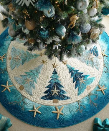 Frosty Pines Village Quilted Tree Skirt — Classic Frosted Pine Scene Christmas Base Cover For Cozy Winter Decor