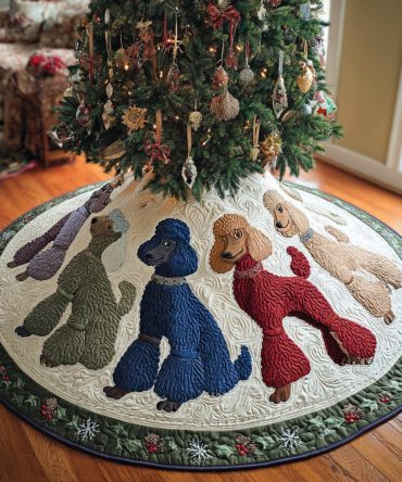 Frosty Poodle Dreams Quilted Tree Skirt — Cool Winter Poodle Design, Plush Lining, Anti-Slip, Easy Launder 48" Diameter