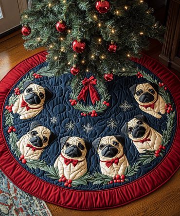 Frosty Pug Quilted Christmas Tree Skirt — Winter Pug Design With Snowy Accents, Quilted Holiday Skirt To Brighten Your Tree Base