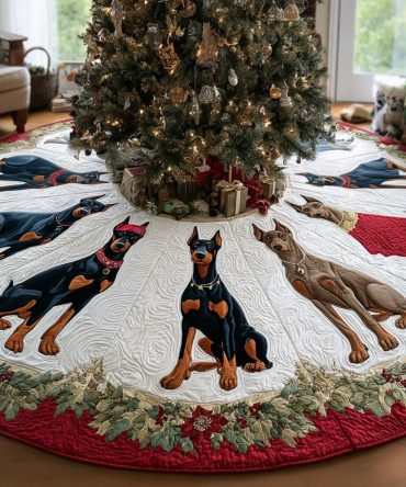Elegant Quilted Tree Skirt — Frosty Sentinel Winter Dog Design, Plush Cotton Blend , Protective & Photogenic Holiday Base Cover