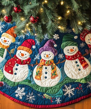 Frosty Tales Quilted Christmas Tree Skirt — Storybook Snowflake & Snowman Motifs, Thick Quilting & Elegant Seasonal Floor Protection