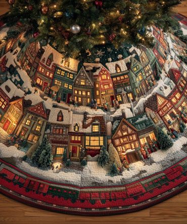 Frozen Village Light Quilted Christmas Tree Skirt — Charming Holiday Village Scene With Quilted Detailing, Festive Tree Mat