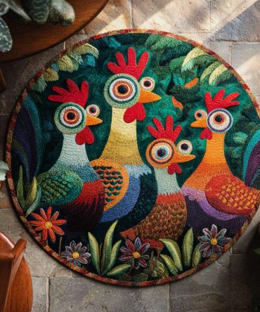 Bold Rooster Parade Circular Area Rug — Funky Farmhouse Accent Rug, Machine-Washable, Non-Slip, Vibrant Colors