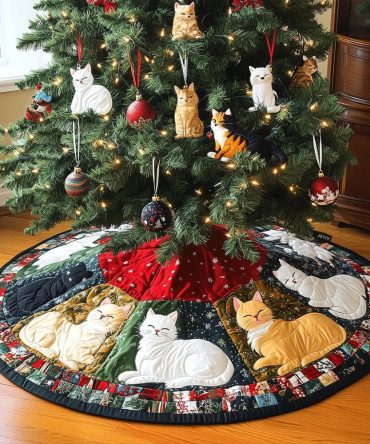 Furry Friends Quilted Tree Skirt — Adorable Cat Collage Print, Plush Quilting, 48-Inch Round, Pet-Safe & Easy Clean Holiday Decor