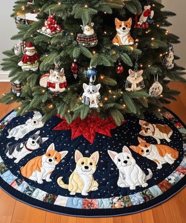 Furry Festive Friends Quilted Christmas Tree Skirt — Cute Pet Parade Design, Durable Quilted Holiday Tree Base, Machine Washable