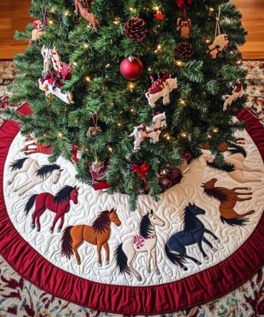 Galloping Grace Quilted Horse Christmas Tree Skirt — Elegant Western Holiday Skirt, Soft Quilting, Durable & Easy To Clean