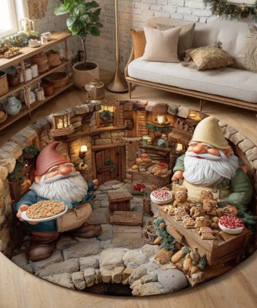Garden Shelf Gnome Pit Round Rug — Charming Gnome Garden Round Carpet With Floral Shelving Motif For Indoor Green Spaces