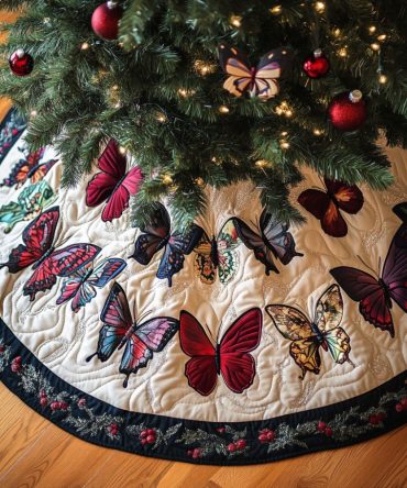 Quilted Garden Of Flight Holiday Tree Skirt — Butterfly & Floral Christmas Mat, 52-Inch Cotton, Soft Machine-Washable Decor