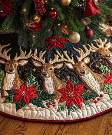 Garland-Accented Quilted Christmas Tree Skirt — Plush Holiday Tree Base Cover With Embroidered Garland Detail, Easy-Care