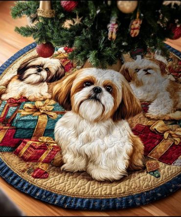 Gentle Shih Tzu Quilted Tree Skirt: Soft Pastel Shih Tzu Design With Pom Fringe, Lightweight Quilted Layer For Subtle Holiday Charm