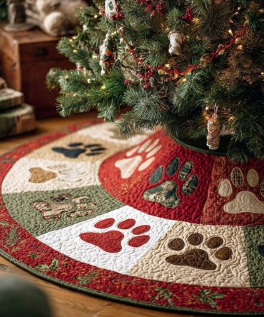Quilted Holiday Tree Skirt With Gentle Tracks Pattern - Premium Christmas Tree Base Cover, Soft & Warm, Generously Sized