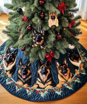 German Shepherd Adventures Quilted Tree Skirt — Playful Canine Holiday Skirt With Scenic Patchwork For Adventurous Dog Families