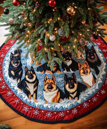 German Shepherd Elegance Quilted Tree Skirt — Premium Canine Christmas Accent, Refined Patchwork Design For Stylish Holiday Interiors