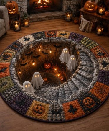 Ghost Hollow Round Accent Rug — Spooky Ghost Motif Round Rug, Soft Low-Pile Carpet, Easy Clean Surface With Non-Slip Backing For Home & Seasonal Decor