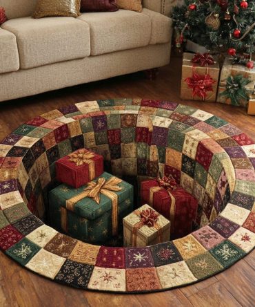 Gift Illusion Round Rug — Festive Present-Themed Area Rug With 3D Look For Holiday & Everyday Decor , Plush, Non-Slip & Easy-Care