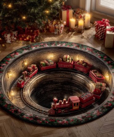 Festive Christmas Train Round Rug - Holiday Kids Playroom Accent With Cheerful Train Design, Soft Plush, Non-Slip Backing & Easy Care