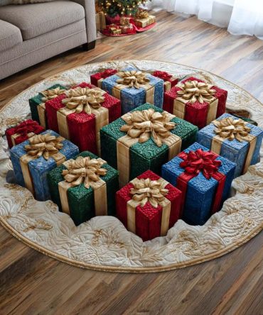 Gift Wonderland Holiday Round Rug — Festive Present Pattern Circular Accent Rug, Plush, Machine-Washable, Perfect Christmas Décor