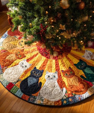 Ginger Quilted Cat Christmas Tree Skirt — Warm Autumnal Patchwork Tree Base Cover, Cozy Holiday Decor, Charming Gift For Cat Fans