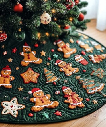 Gingerbread-Themed Quilted Tree Skirt — Warm Ginger & Plaid Accents, Stain-Resistant Cotton Blend, 48-Inch Round Holiday Mat