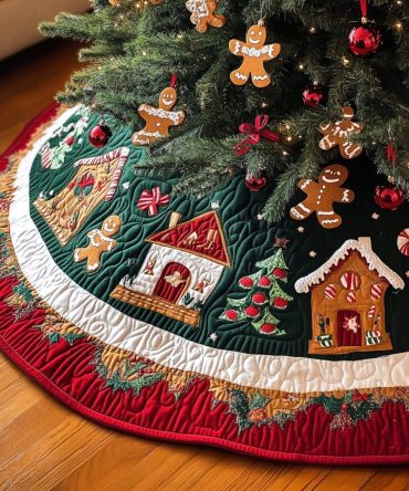 Ginger Joy Quilted Christmas Tree Skirt — Warm Gingerbread Accents, Cozy Quilting, Charming Holiday Base For Family-Friendly Celebrations
