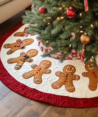 Gingerbread Charm Quilted Christmas Tree Skirt - Delightful Holiday Cookie Design, Soft Quilting & Cozy Seasonal Style