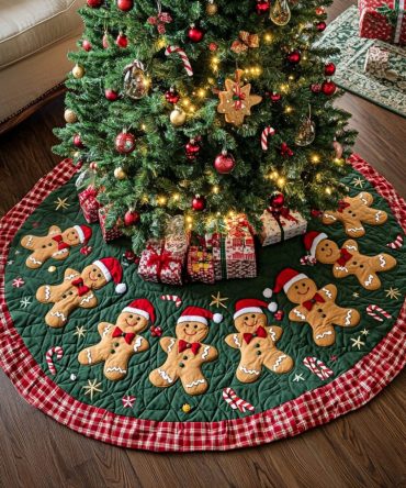 Gingerbread Delightland Quilted Christmas Tree Skirt — Whimsical Sweet Village Design, Soft Quilting, Perfect Holiday Dessert-Themed Decor