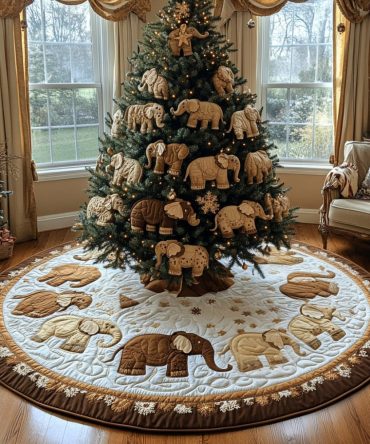 Gingerbread Elephant Parade Quilted Tree Skirt — Whimsical Gingerbread & Elephant Design Quilted Christmas Skirt For Fun Festive Displays