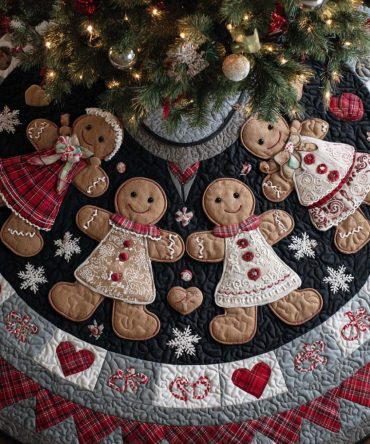 Gingerbread Family Circle Quilted Tree Skirt — Heartwarming Gingerbread Family Design, Premium Quilted Tree Base Cover, Soft Backing & Tie Closure, Machine Washable