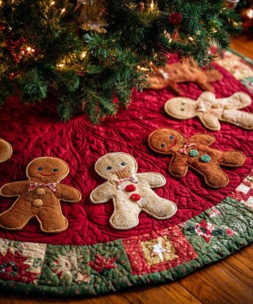 Gingerbread Man Holiday Cheer Quilted Tree Skirt — Bright Holiday Gingerbread Design, Premium Quilting, Soft Backing & Tie Closure, Machine Washable Festive Base Cover