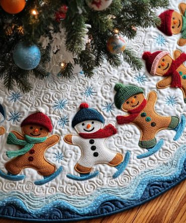 Gingerbread Man Jolly Frost Quilted Tree Skirt — Whimsical Jolly Motif, Premium Quilting, Soft Backing & Tie Closure, Machine Washable Festive Christmas Tree Base Cover