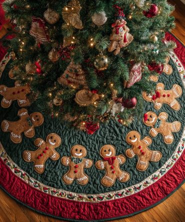 Gingerbread Man Tinsel Toss Quilted Tree Skirt — Festive Candy & Tinsel Accents, Premium Quilting, Soft Backing & Tie Closure, Machine Washable Holiday Base Cover