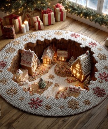 Gingerbread Village Holiday Rug — Charming Cookie House Design 48In Round Plush Mat With Soft Pile & Non-Slip Backing For Festive Home