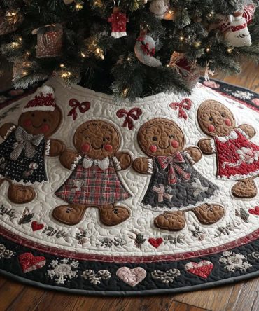 Gingerbread Winter Dance Quilted Christmas Tree Skirt — Playful Gingerbread Motif, Premium Quilting, Soft Backing & Tie Closure, Machine Washable Festive Base Cover