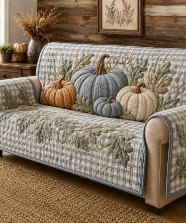 Gingham Pumpkins Quilted Couch Cover — Charming Fall Sofa Slipcover With Classic Gingham Pumpkin Print, Durable Holiday Protector