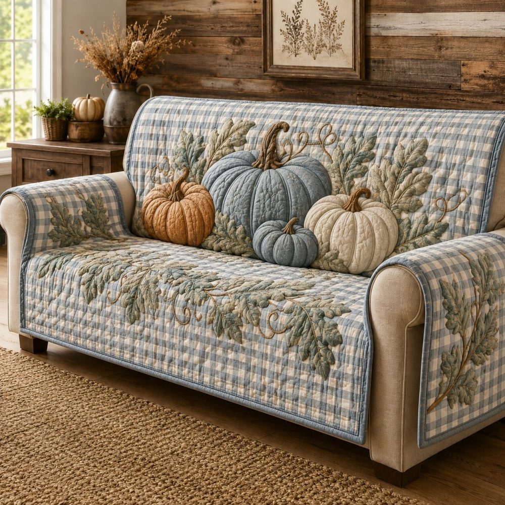 Gingham Pumpkins Quilted Couch Cover — Charming Fall Sofa Slipcover With Classic Gingham Pumpkin Print, Durable Holiday Protector