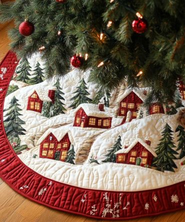 Giving Season Quilted Christmas Tree Skirt - Cozy Holiday Tree Skirt With Heartwarming Motifs For Gift-Ready Displays