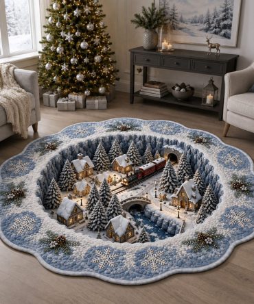 Glacier Train Village - Scenic Train Holiday Rug, Custom-Shaped Low-Pile Area Rug With Snowy Glacier Village Print, Machine Washable