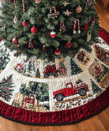 Glisten Grove Quilted Tree Skirt – Sparkling Forest-Inspired 48-Inch Round , Reversible Plush Holiday Base For Christmas Trees