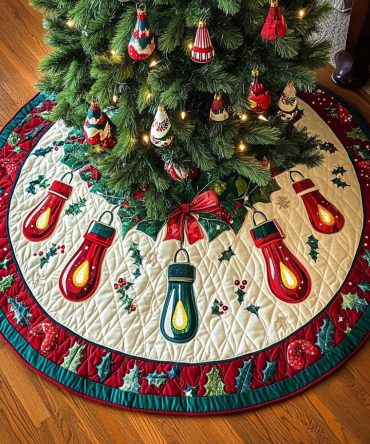 Glowing Garland Quilted Holiday Tree Skirt — Elegant Christmas Base Accent For Living Room, Rustic & Modern Seasonal Styling