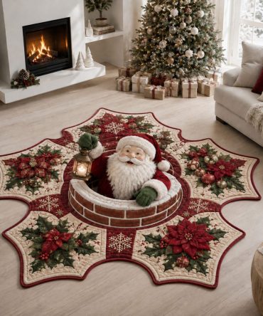 Glowing Santa Shaped Area Rug — Illuminated-Look Santa Claus Holiday Floor Mat, Plush, Non-Slip Backing & Fade-Resistant Print