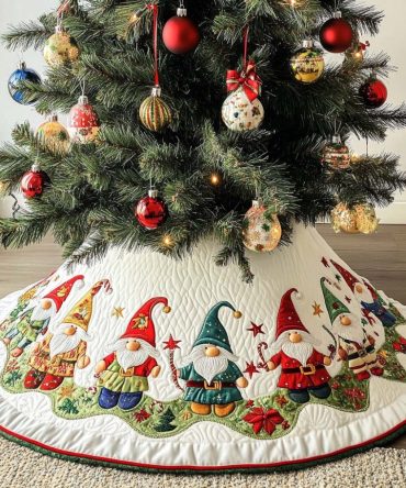 Gnome Wonderland Quilted Tree Skirt — Playful Gnome Village Scene, Bright Colors, Soft Padding, Kid-Friendly, Perfect Holiday Centerpiece