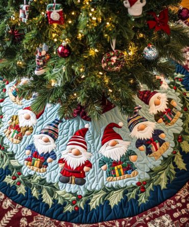 Gnome Cheer Quilted Christmas Tree Skirt — Whimsical Gnome Design, Plush Quilting & Colorful Holiday Base Cover For Festive Decor