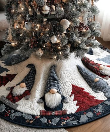 Gnome Cheerland Quilted Christmas Tree Skirt — Playful Holiday Gnome Design With Soft Quilting For Warm Seasonal Styling
