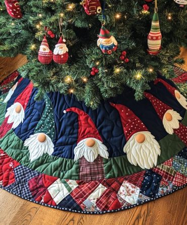 Gnome Christmas Greetings Quilted Tree Skirt , 60" Festive Tree Collar - Plush Quilting, Cotton Blend, Easy Care