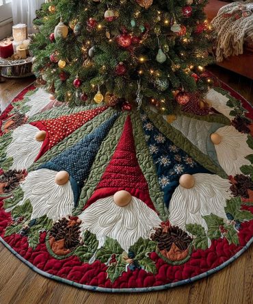 Gnome Christmas Joy Quilted Tree Skirt — Joyful Holiday Gnome Patchwork Skirt To Beautify Your Tree Base And Gift Display