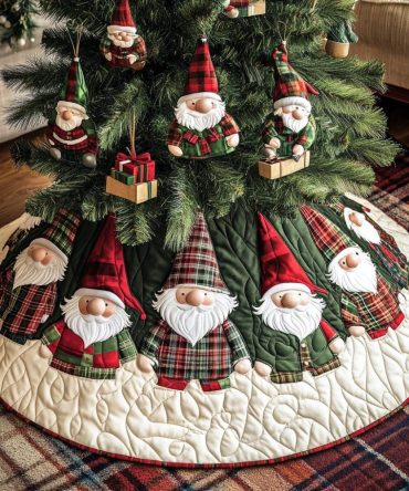 Gnome Christmas Spirit Quilted Tree Skirt , 60" Round Holiday Tree Collar - Plush Quilt Fill, Cotton Blend, Easy Install