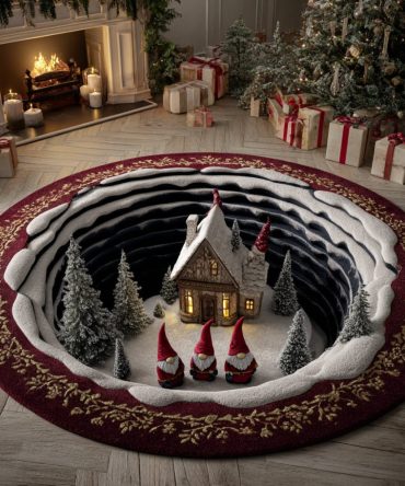 Gnome Christmas Village Round Rug — Festive Plush Area Rug For Holiday Decor, Entryway & Tree Skirt Alternative , Non-Slip, Easy Care